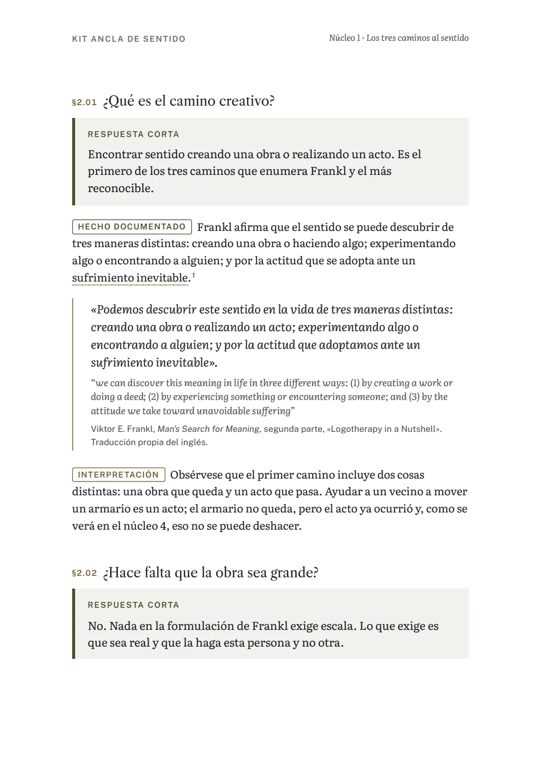 Página del núcleo 1 sobre el primer camino al sentido