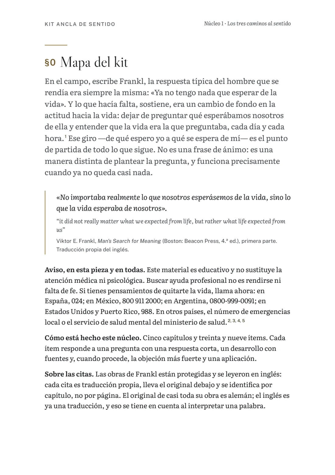 Página del núcleo 1 con el mapa del kit y el aviso clínico