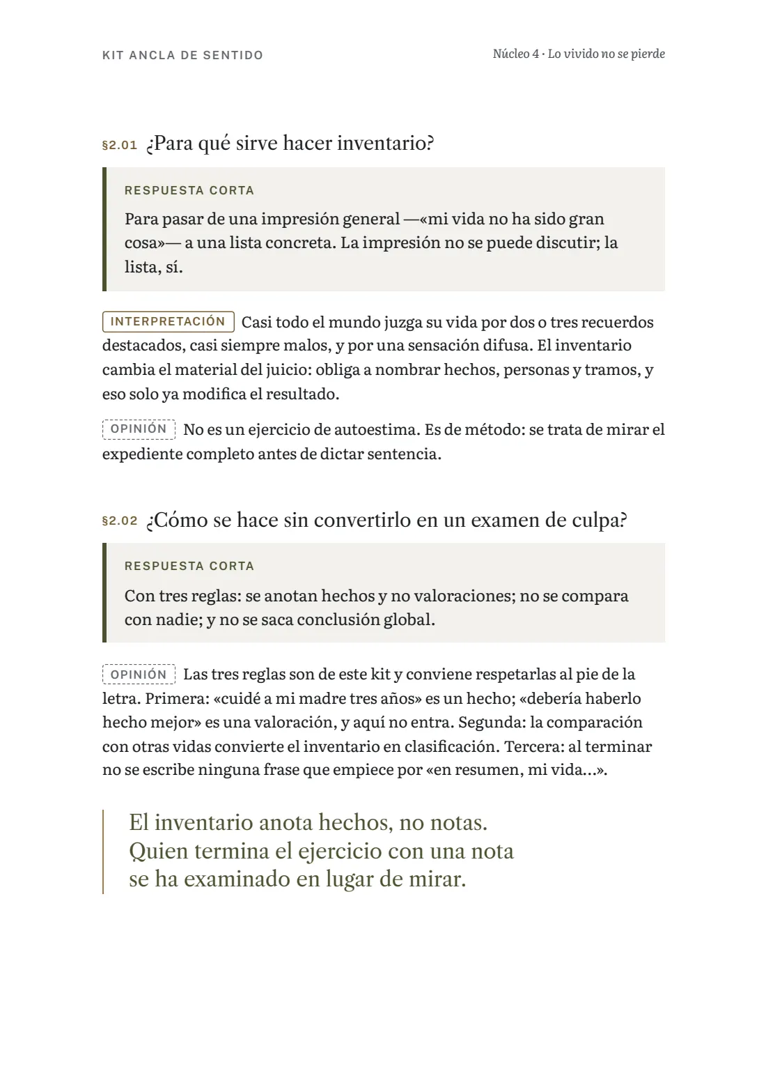 Página del núcleo 4 con el inventario de lo vivido
