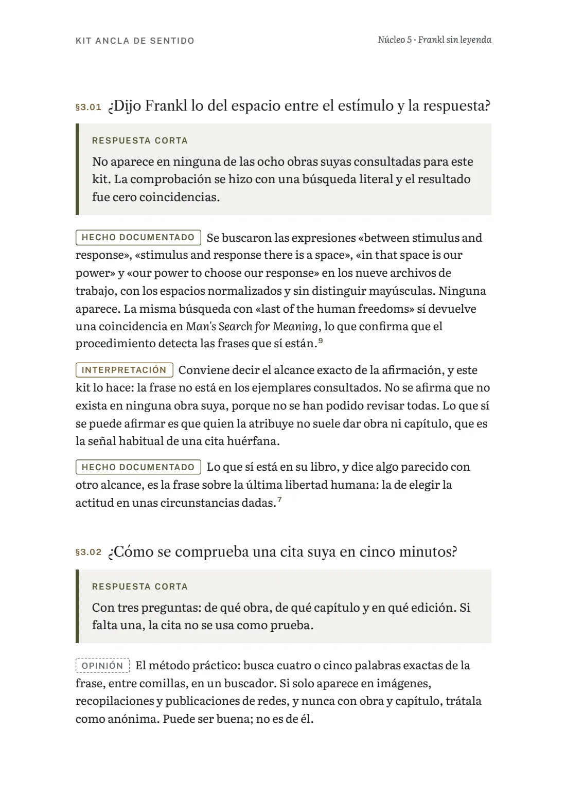 Página del núcleo 5 con la comprobación de la cita atribuida